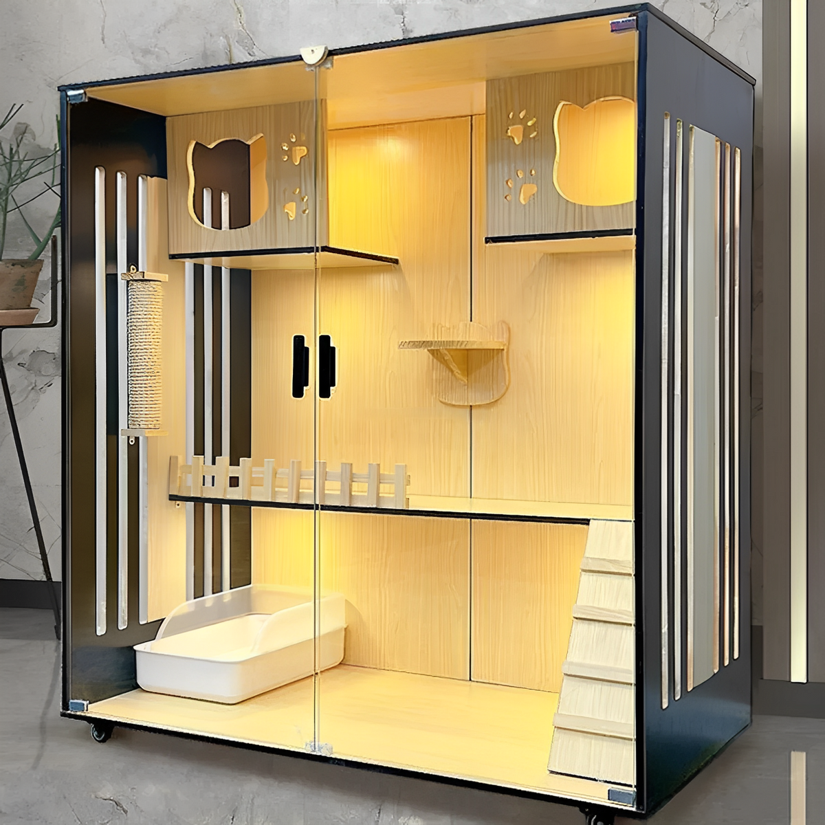 Luxury cat villa featuring a spacious, multi-level design with ramps and cozy hideaways for cats.