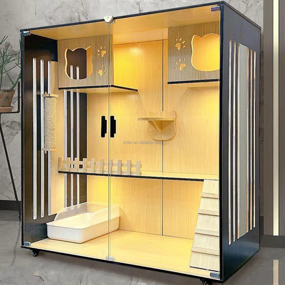 Luxury cat villa featuring spacious design with hiding spots, ramps, and modern aesthetic for stylish cat lounging.