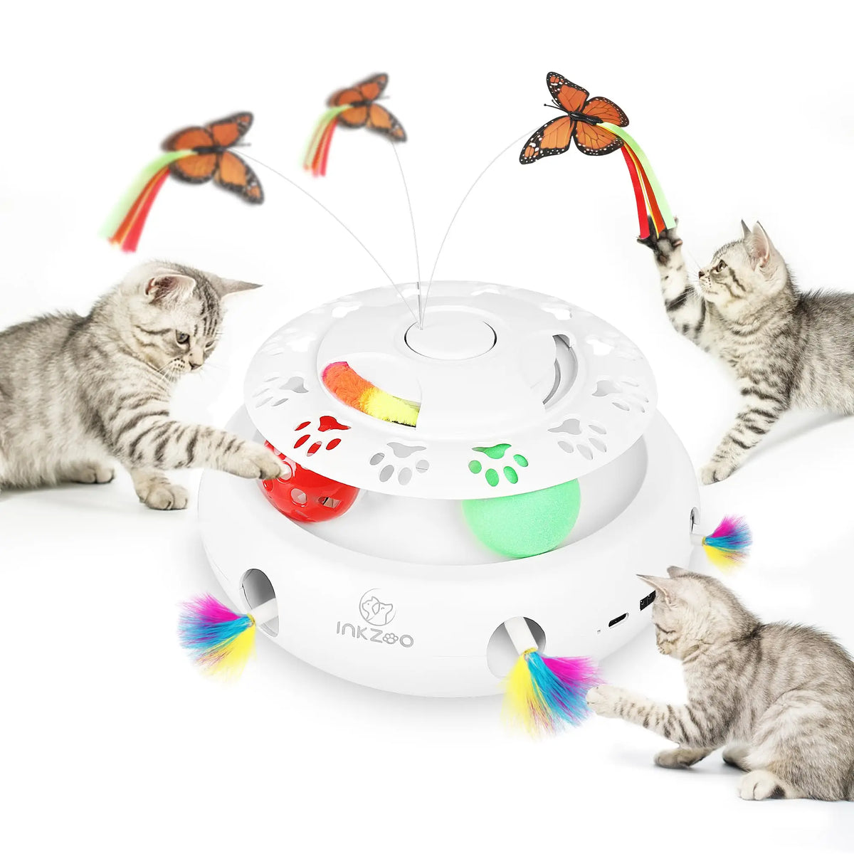 Intelligent cat toy with moving feathers and colorful balls to keep cats entertained and active.