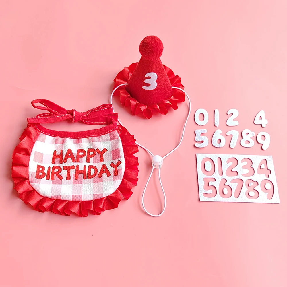 Small dog wearing birthday scarf and hat set for celebration or party