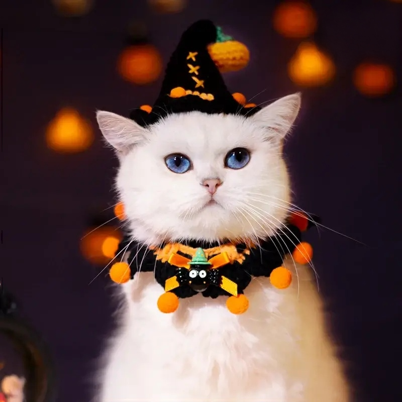 Hand-knit Halloween Pet Collar Bib for cats and dogs, perfect for adding a spooky touch to Halloween costumes.