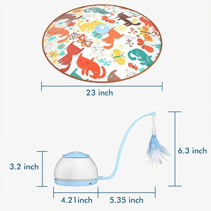 USB rechargeable electric cat toy with 360° rotation, feather attachments, and four interactive speed modes.