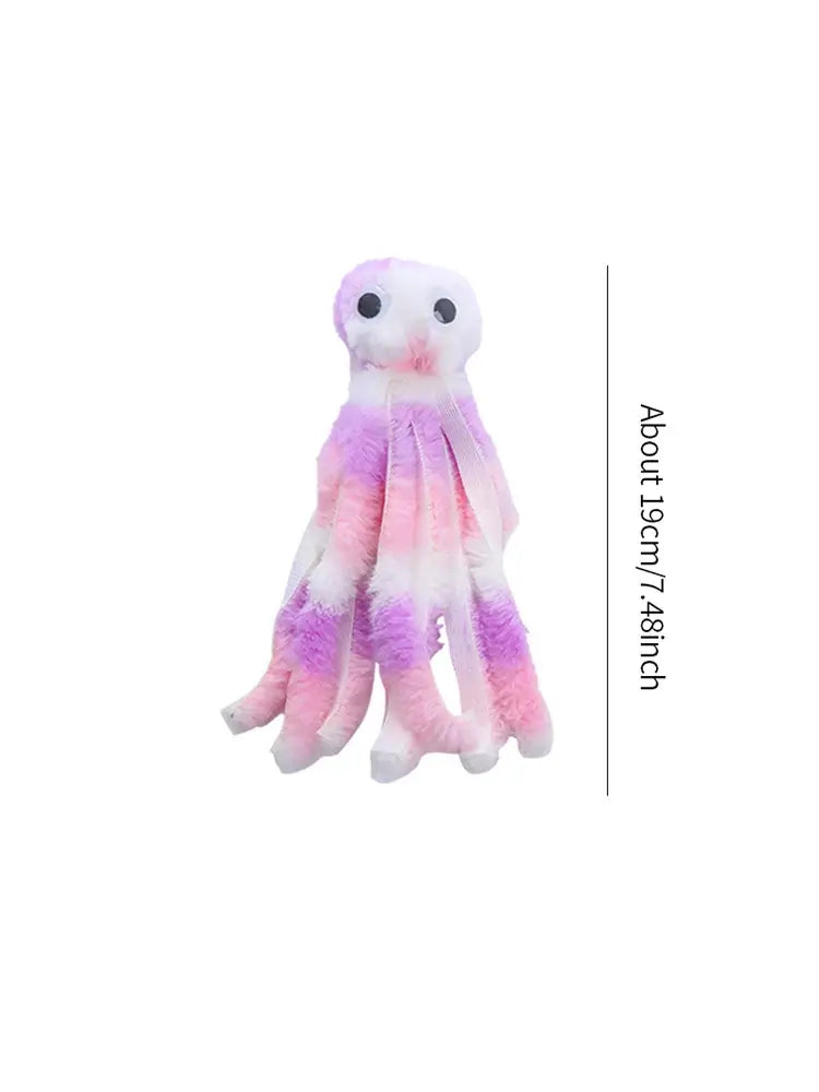 Cute octopus plush toy for cats, soft and durable with dangling tentacles, designed for biting, pouncing, and cuddling.