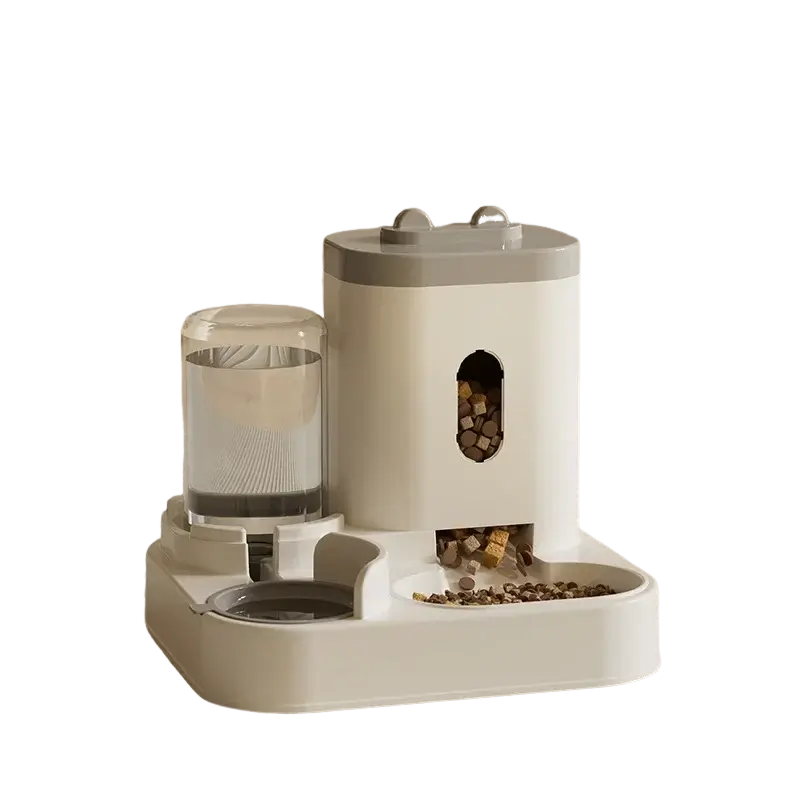 Non-electric automatic pet feeder and water dispenser with raised dual bowl design for cats and dogs.