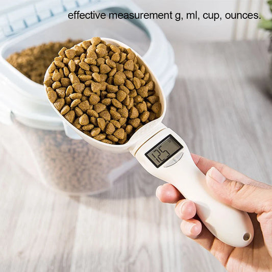 Digital pet food scoop with scale for accurate dog and cat feeding