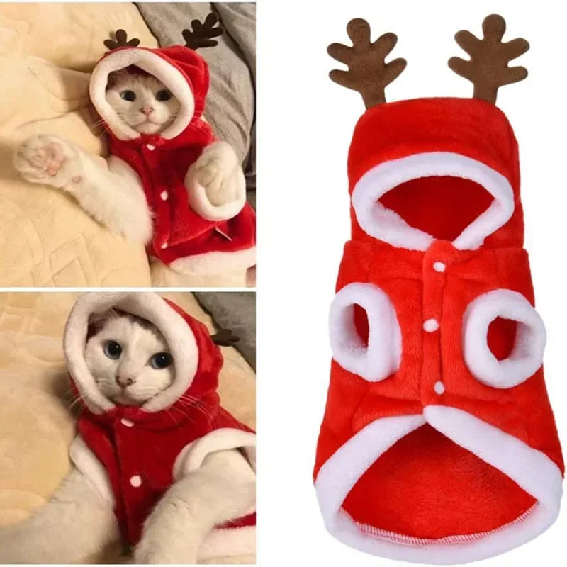 Christmas flannel hoodie with Santa and reindeer design for cats and small dogs