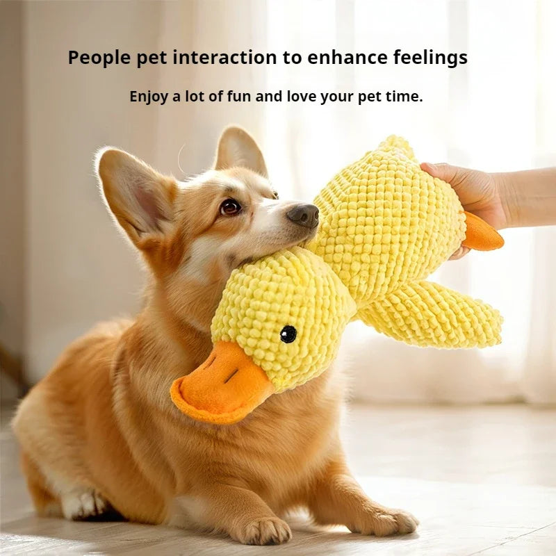 A corgi playing with a yellow plush duck toy, showcasing the calming pet toy for interactive fun.