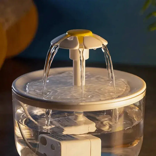 Silent automatic pet water fountain with continuous water flow for cats and dogs.
