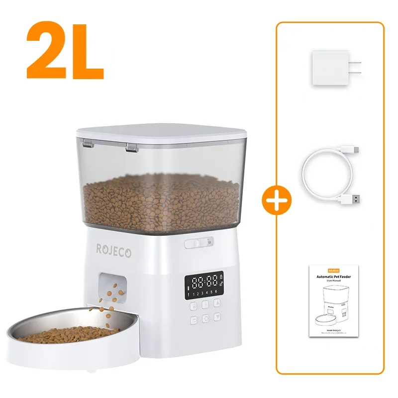 The SmartSavor™ automated pet feeder with 2L capacity, power adapter, and USB cable for convenient feeding.