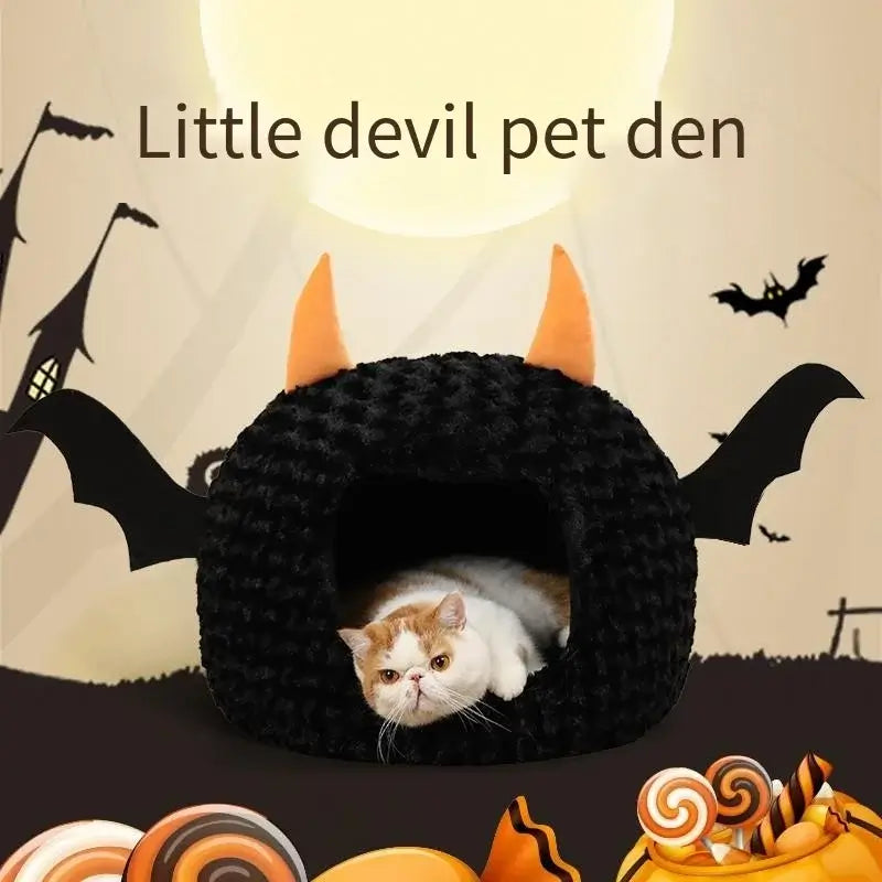 Halloween-themed imp cat house with cozy plush design for cats and small dogs.