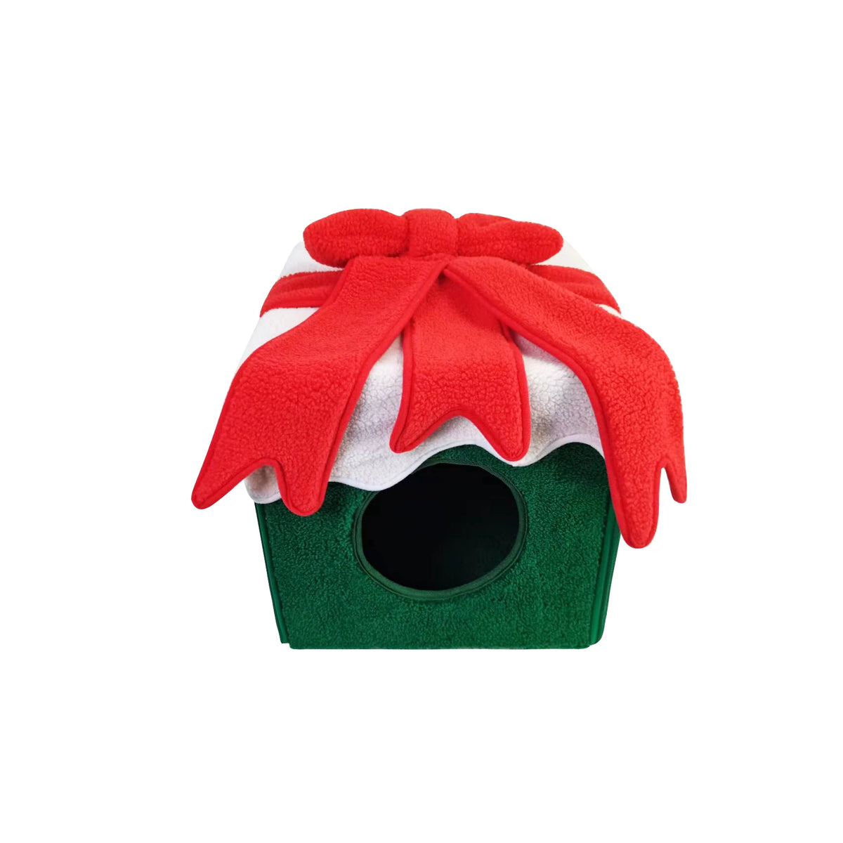 Christmas-themed cat bed shaped like a cozy holiday house for cats and small dogs