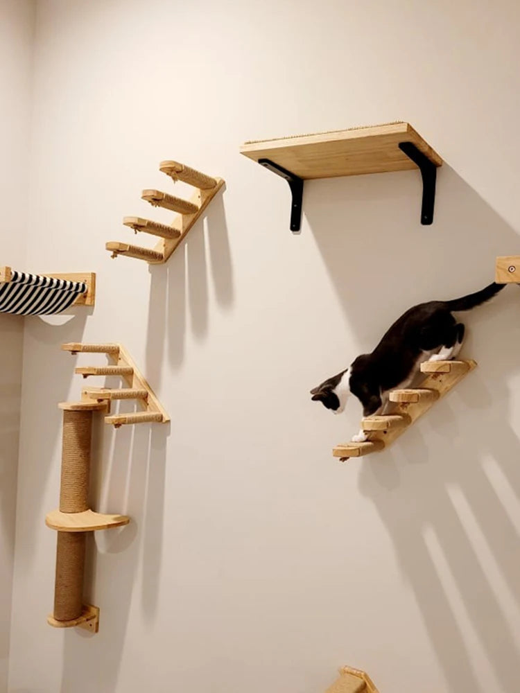 Wall-mounted cat shelf with sisal scratching posts and multi-level steps