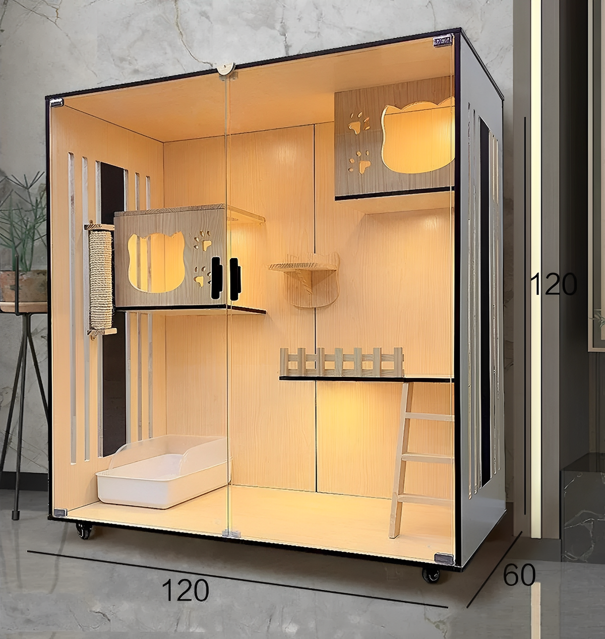 luxury cat villa featuring multi-level design with ramps and cozy hideaways, perfect for lounging and playing.