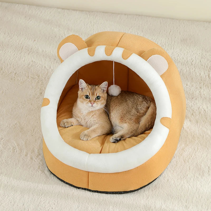 Cozy plush super cat bed designed like a tiger, featuring a semi-enclosed shape for cat comfort and security.