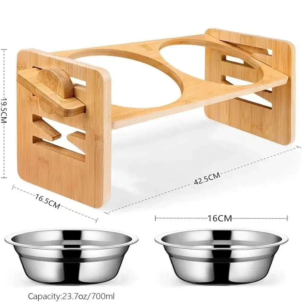 Adjustable elevated pet bowl for small dogs and cats with bamboo stand.