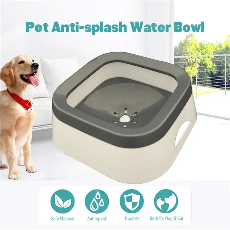 Anti-splash pet water bowl with 1L capacity and floating disk design, spill-proof solution for dogs and cats at home or on the go.
