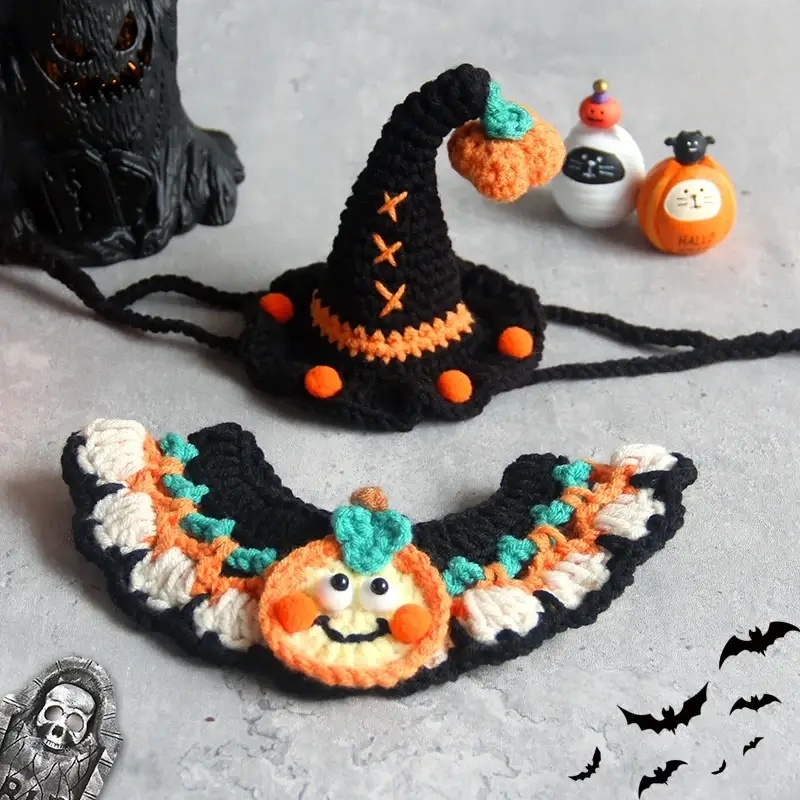 Hand-knit Halloween Pet Collar Bib for cats and dogs, perfect for adding a spooky touch to Halloween costumes.