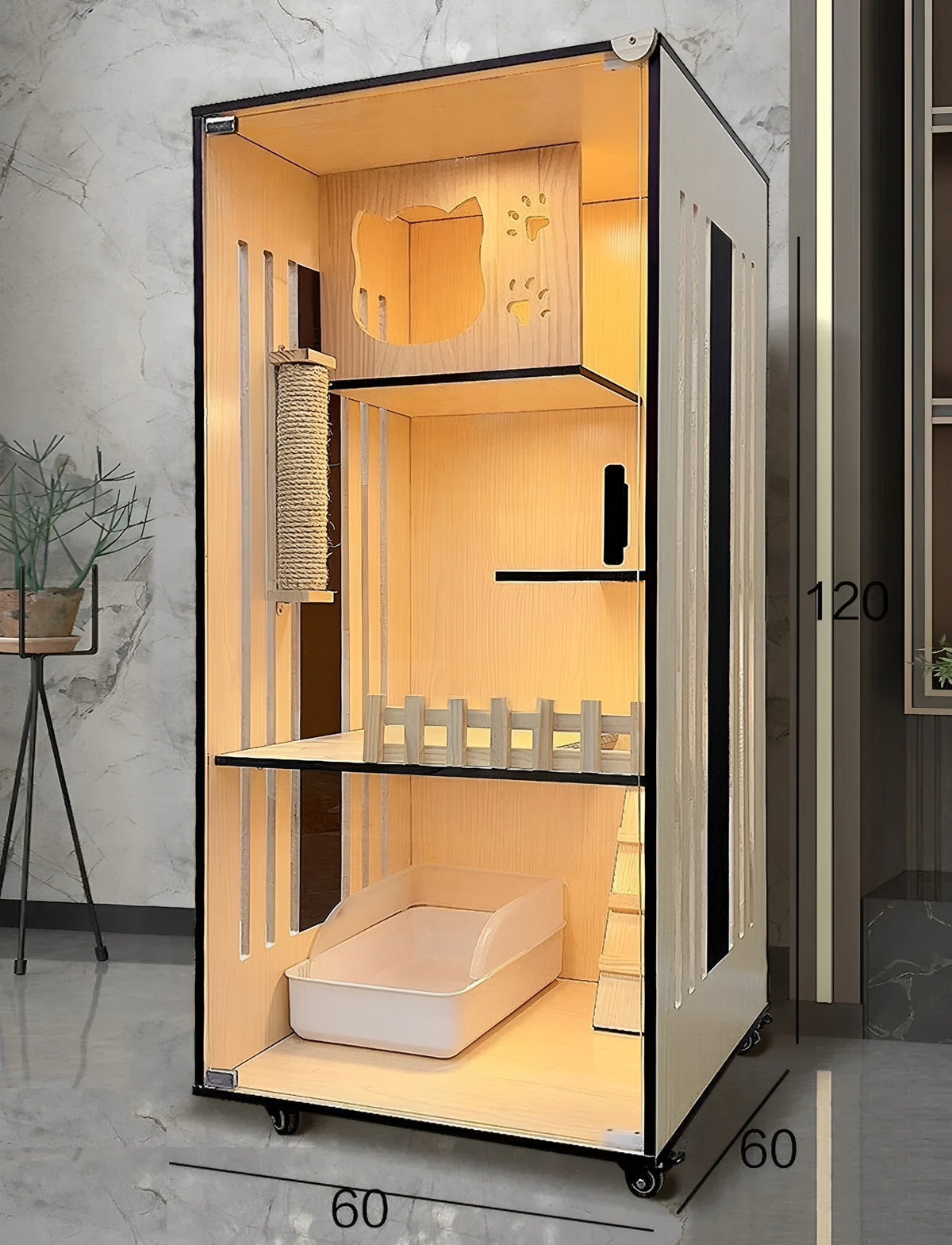 Handcrafted Wooden Cat Villa showcasing luxurious multi-level design for cats with ramps and cozy hideaways, luxury cat villa.