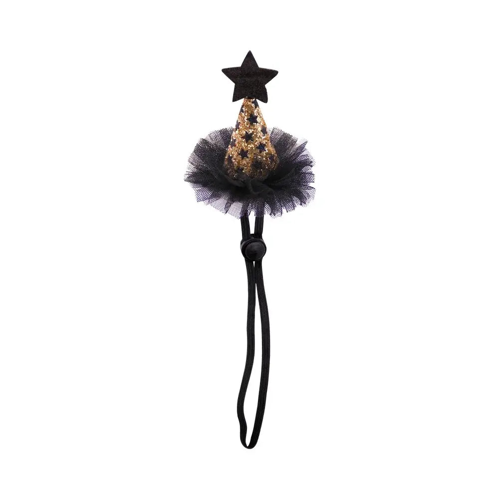Halloween witch and wizard hat costume for cats and small dogs with adjustable strap for a magical look.