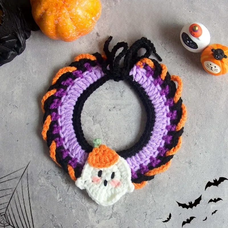 Hand-knit Halloween Pet Collar Bib for cats and dogs, perfect for adding a spooky touch to Halloween costumes.