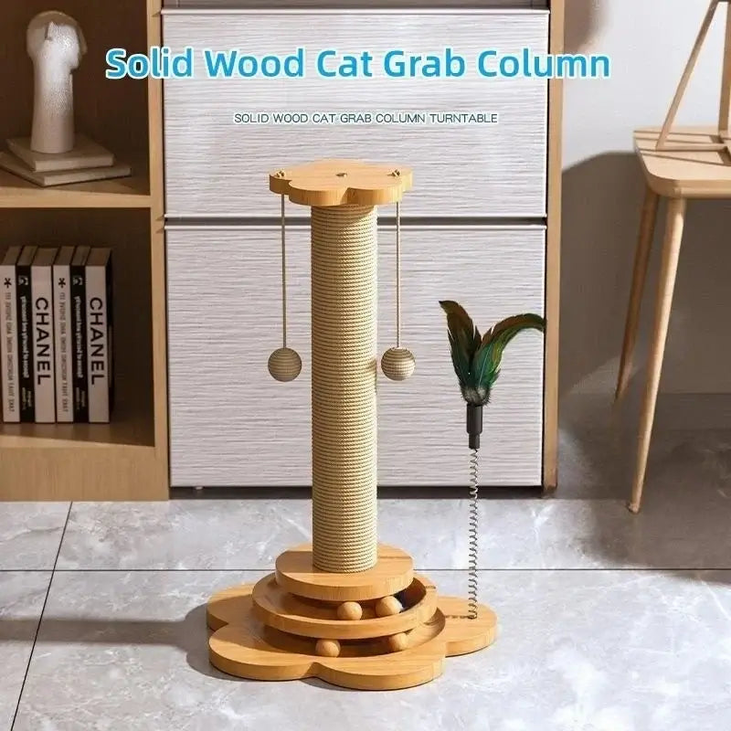 Wooden interactive cat turntable toy with rotating ball track and built-in sisal scratching board.