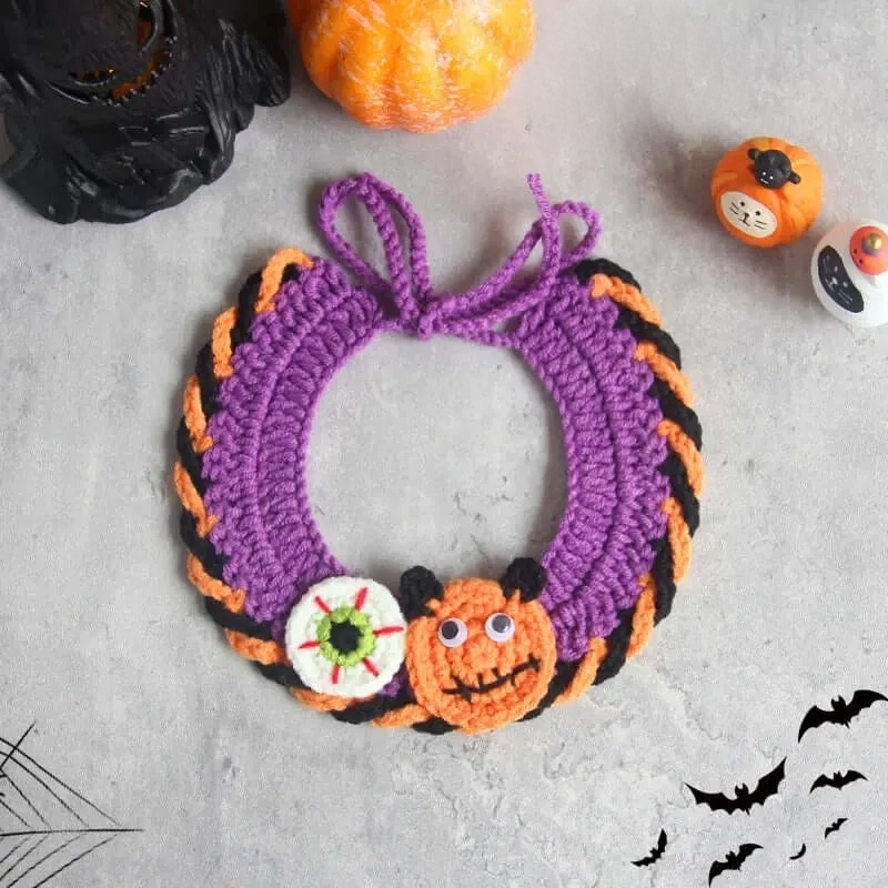 Hand-knit Halloween Pet Collar Bib for cats and dogs, perfect for adding a spooky touch to Halloween costumes.
