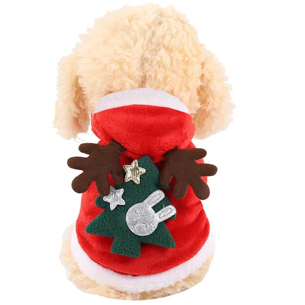 Christmas flannel hoodie with Santa and reindeer design for cats and small dogs