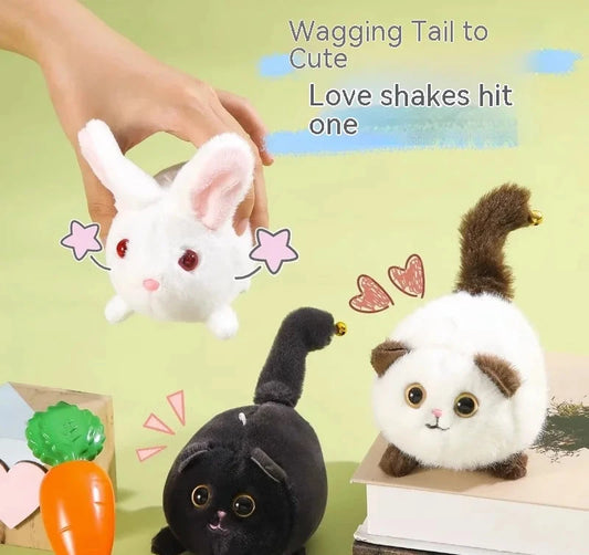 Tow Tail Plush Cat Doll with wagging tail, soft interactive toy for pets and cat lovers