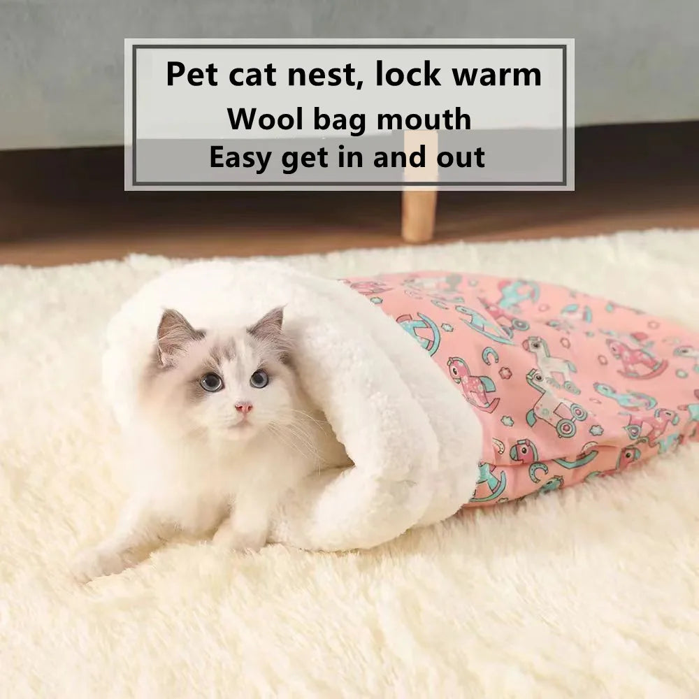 Cozy plush cat sleeping bag with burrow design for warmth and comfort