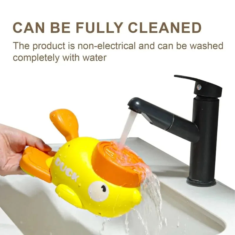 Interactive feeder shaped like a duck being cleaned under a faucet, promoting easy maintenance for pet owners.