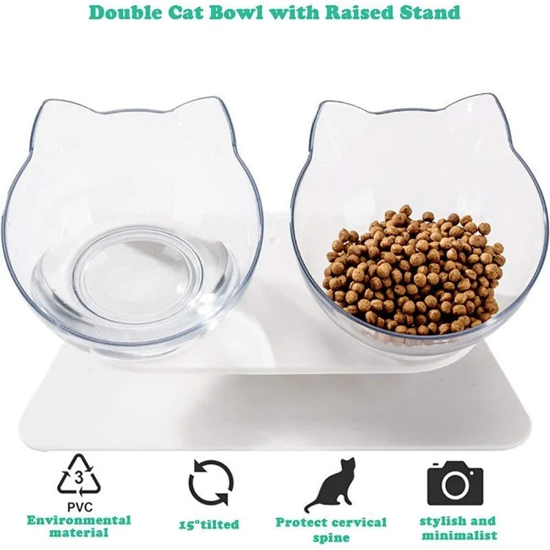 Non slip pet bowl set featuring a double cat bowl with raised stand and 15° tilted design for ergonomic feeding.