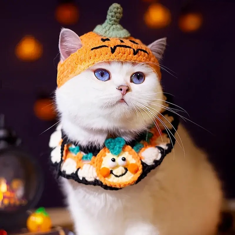 Hand-knit Halloween Pet Collar Bib for cats and dogs, perfect for adding a spooky touch to Halloween costumes.