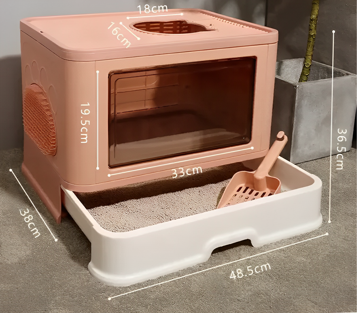 Square full closed cat litter box with large enclosed design, anti-splash walls, and pull-out drawer for easy cleaning and odor control.