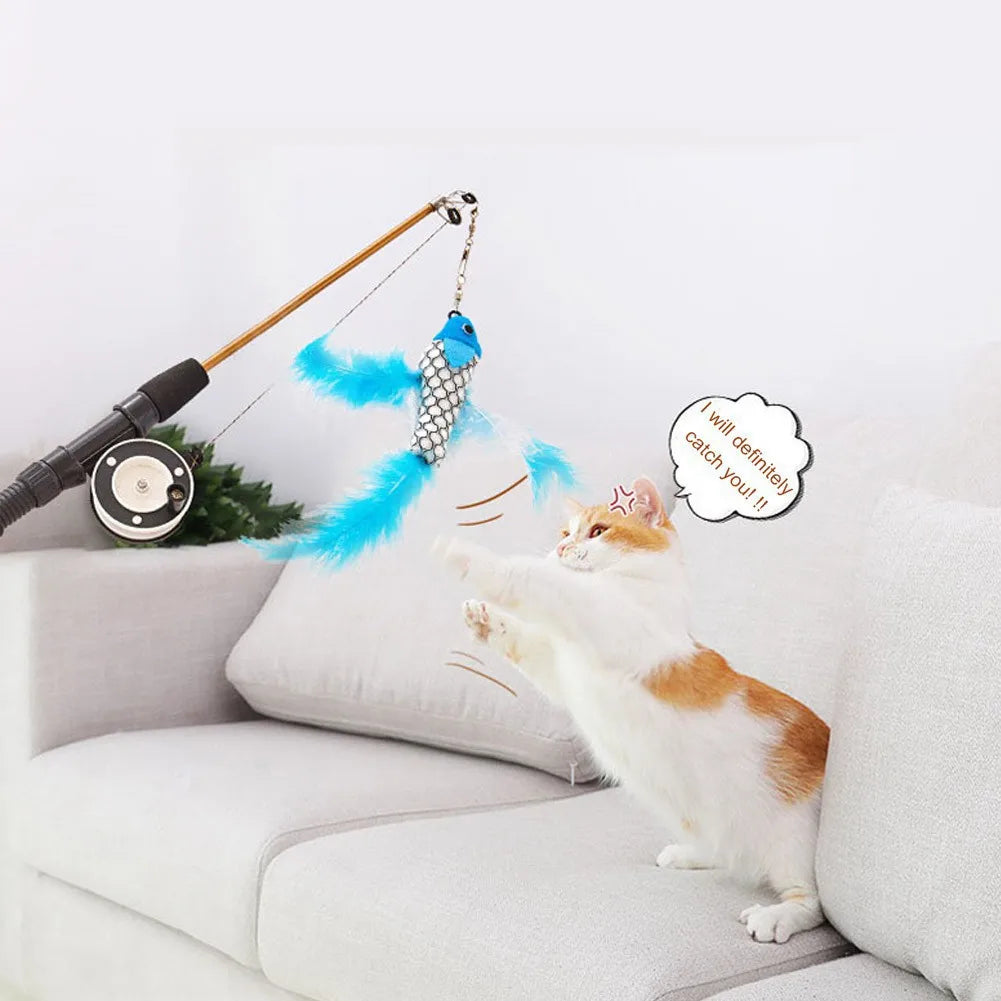 Telescopic cat teaser wand with fish-shaped feather toy