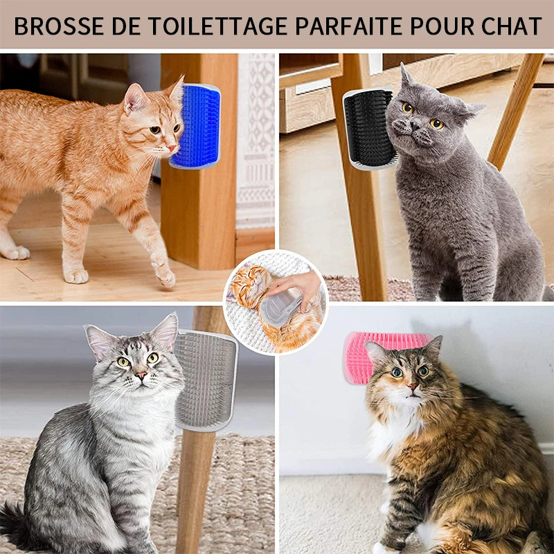 Self-grooming cat brush for hair removal and massage with easy wall attachment