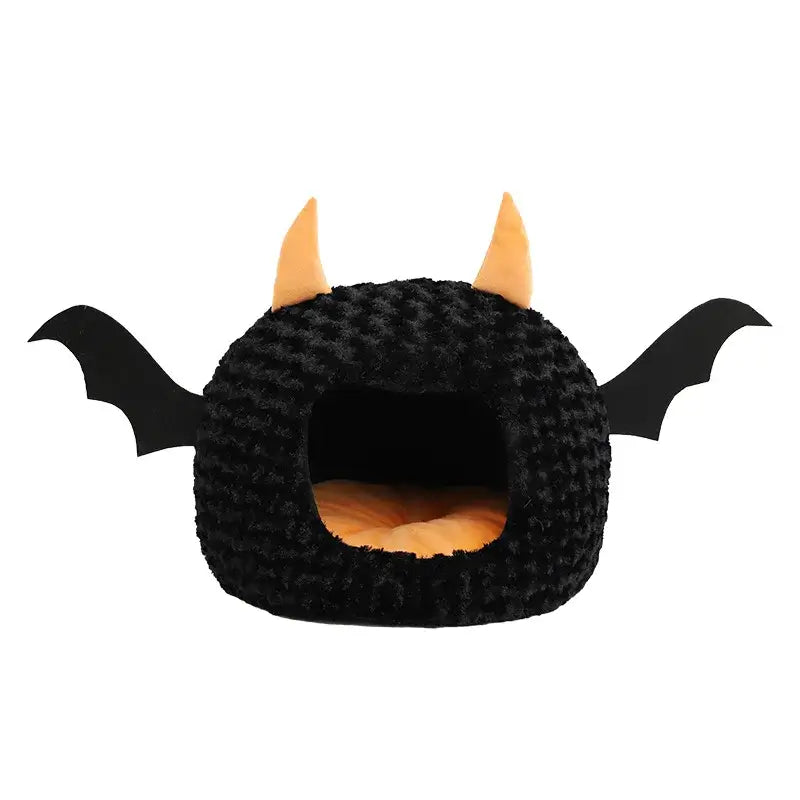 Halloween-themed imp cat house with cozy plush design for cats and small dogs.