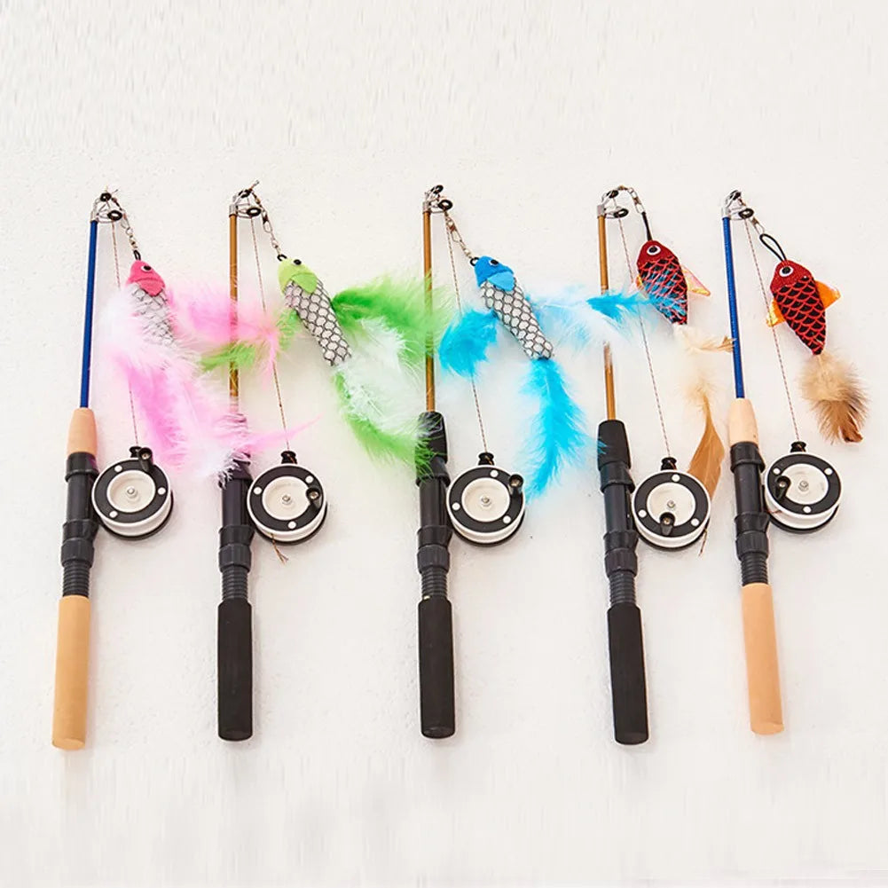 Telescopic cat teaser wand with fish-shaped feather toy
