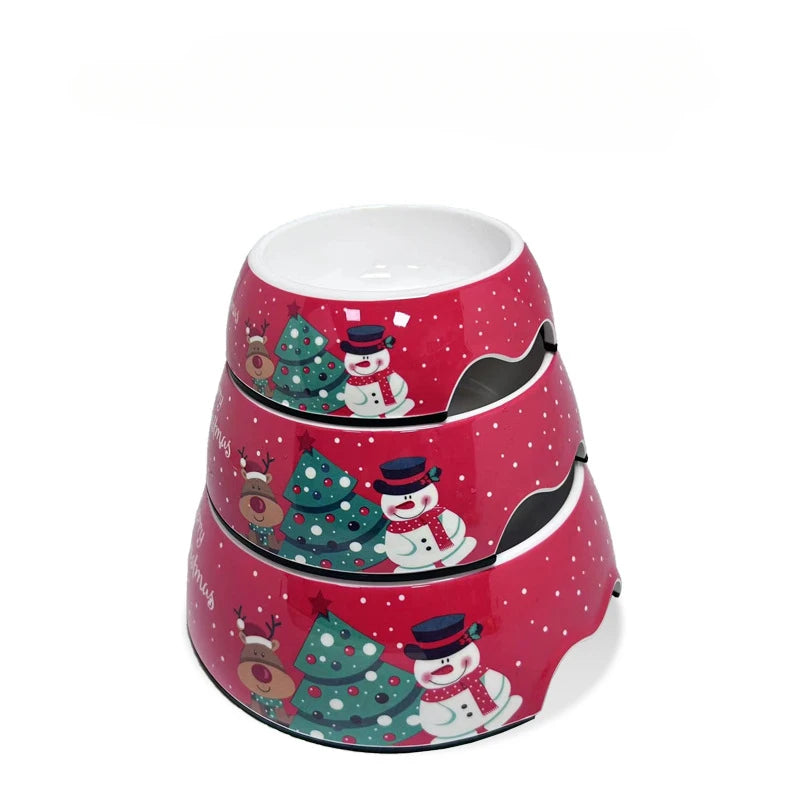 Christmas stainless steel pet bowl set featuring festive snowman and reindeer designs.