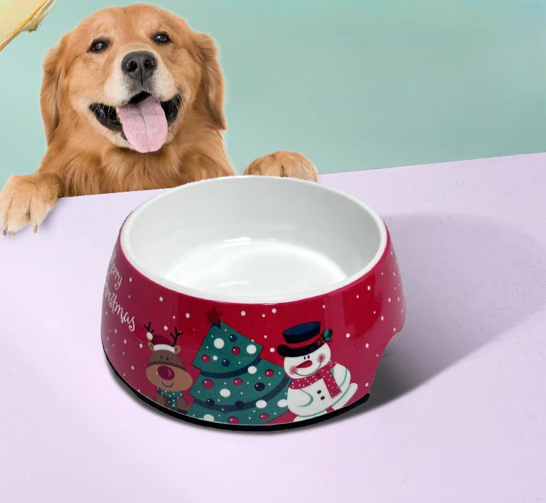 Christmas stainless steel pet bowl with festive snowman and reindeer design for dogs and cats.