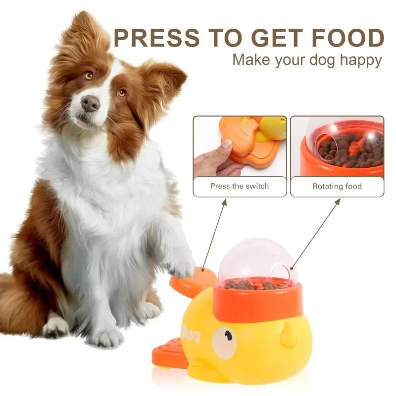 Interactive feeder for dogs with a happy dog and a colorful duck-shaped toy dispensing food.