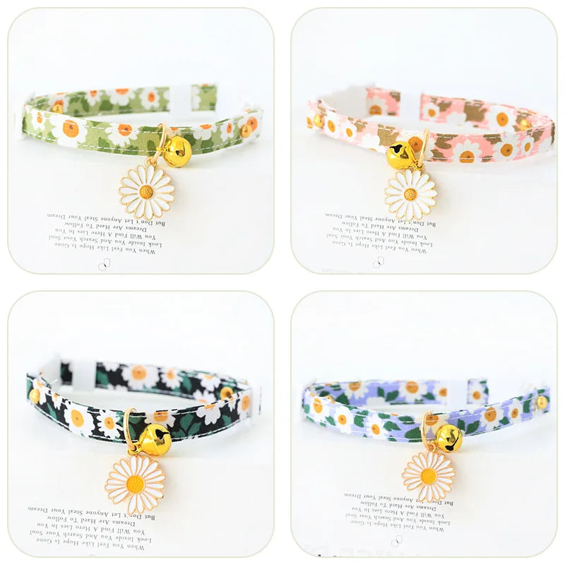 Reflective plaid cat collar with bow and daisy charm for small pets