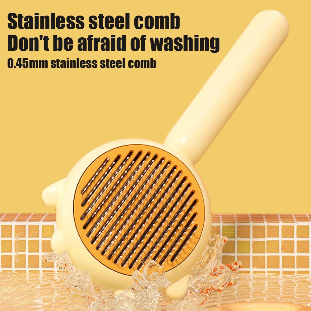 Self-cleaning grooming needle brush for cats and dogs