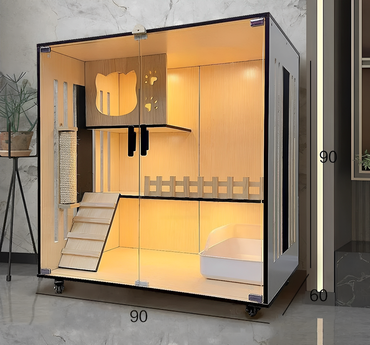 Handcrafted Wooden Cat Villa, a luxury cat villa with ramps and cozy hideaways for cats.