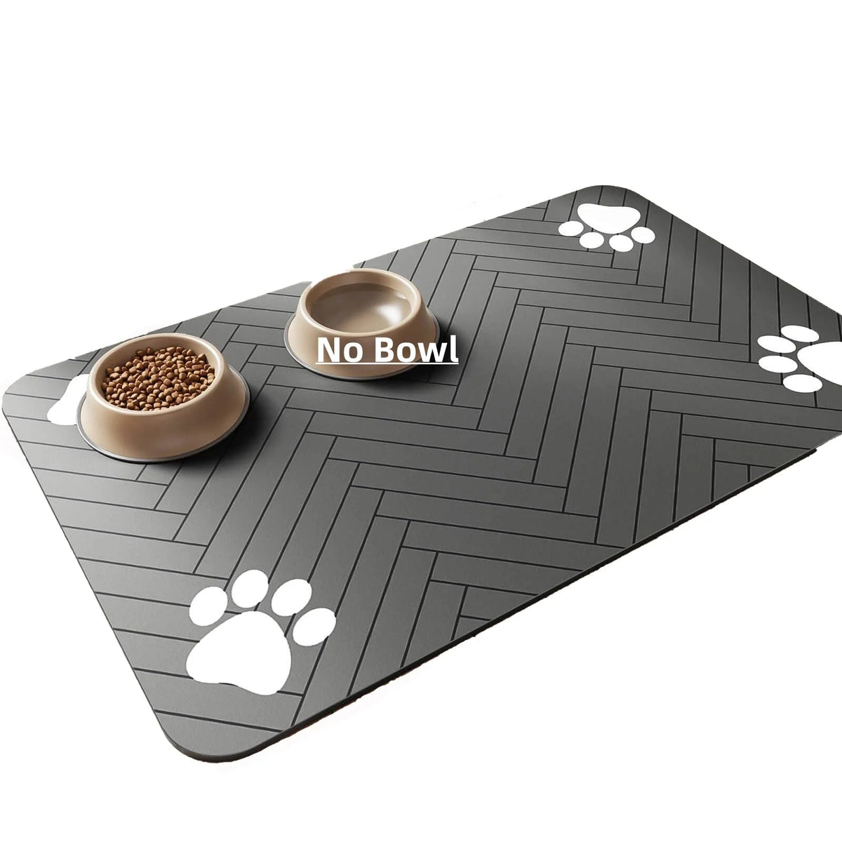 Stylish pet feeding mat with bowls for cats and dogs, designed to absorb mess and keep feeding area clean.