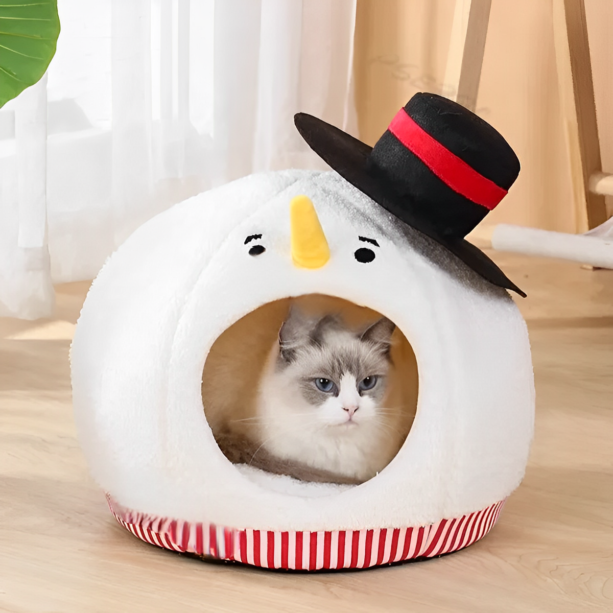 Nid de chat Bonhomme de neige de Noël – Lit semi-fermé douillet pour le confort hivernal