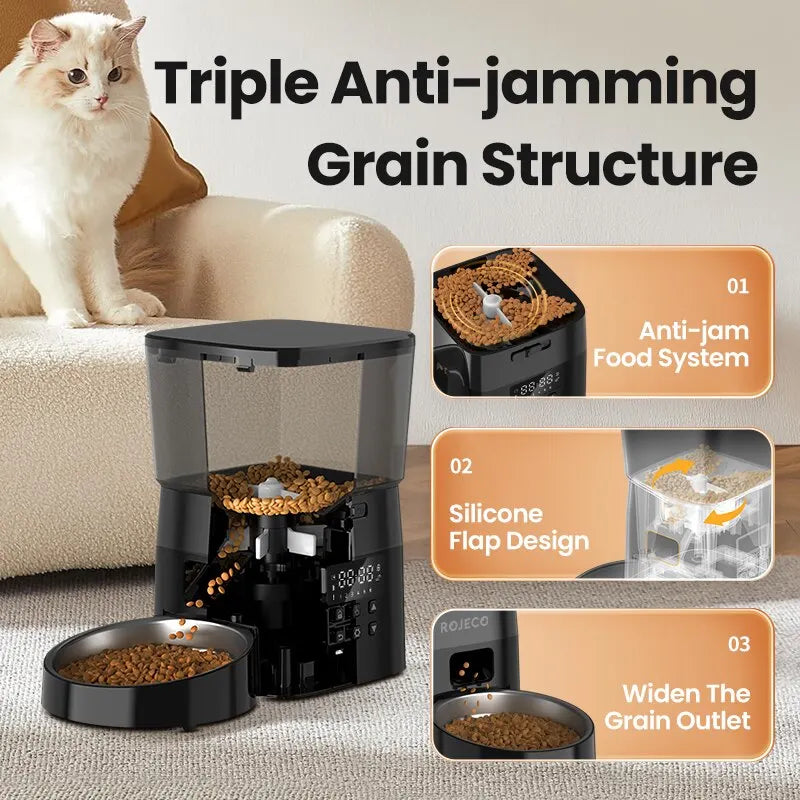 The SmartSavor™ automated pet feeder with anti-jamming food system and cat nearby. Perfect for automatic pet feeder.