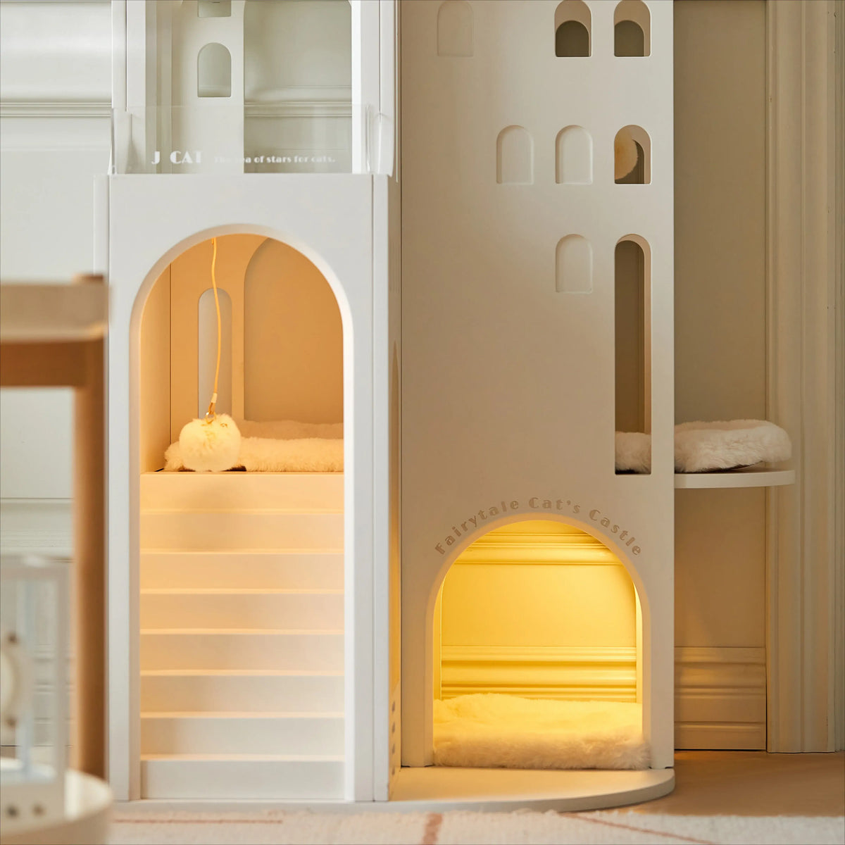 Dream Castle Cat House - elegant cat castle with ambient light and cozy faux fur interior.