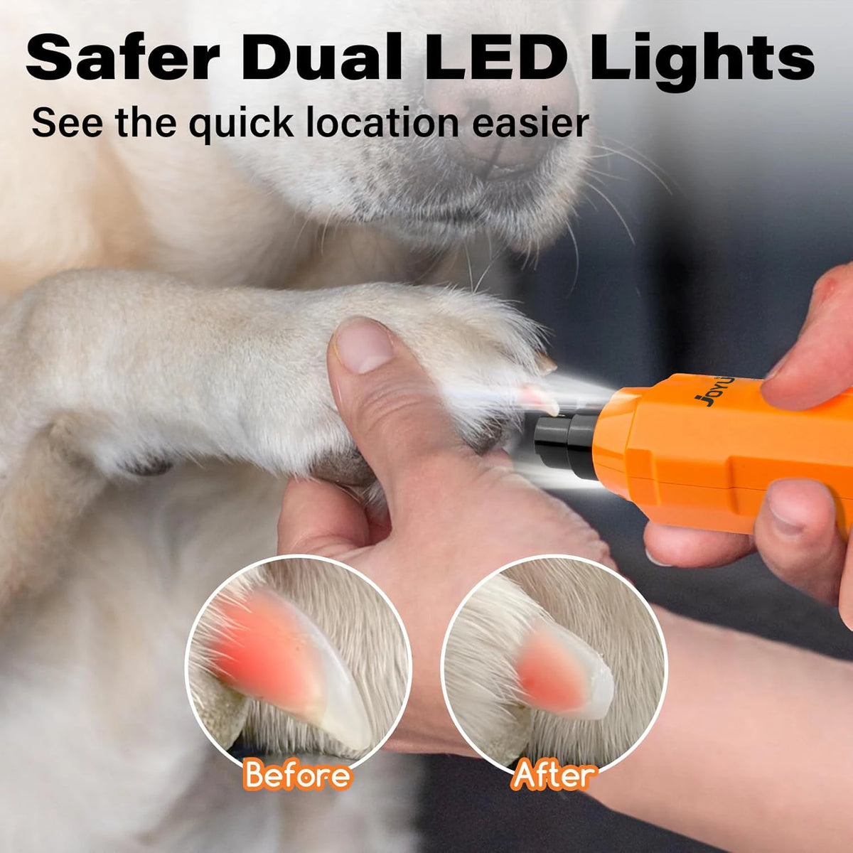 Safer dual LED lights help see pet nails easily during grooming with the pet nail grinder for better visibility.