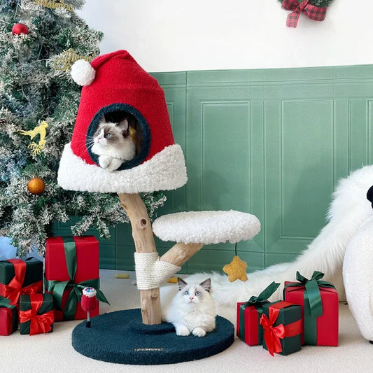 Christmas-themed American cat tree with climbing wall and sisal scratching posts