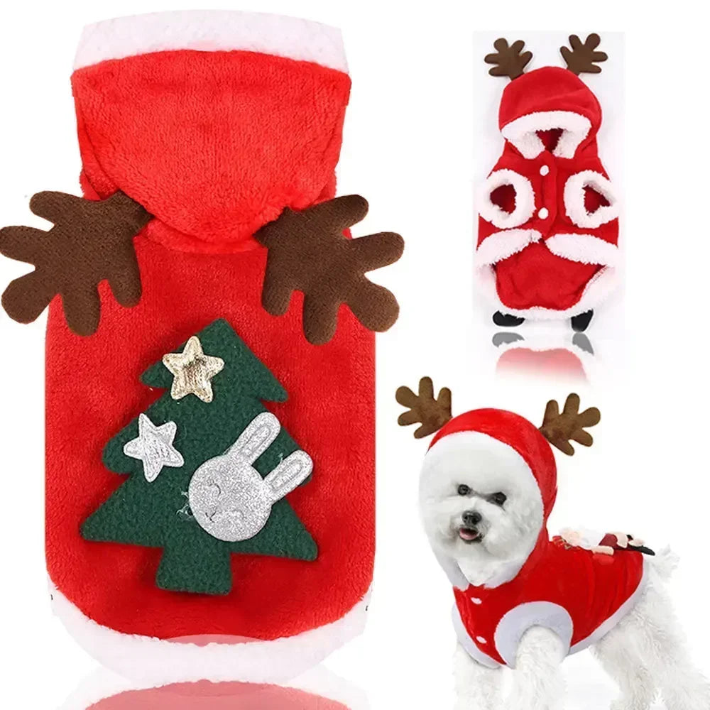 Christmas flannel hoodie with Santa and reindeer design for cats and small dogs